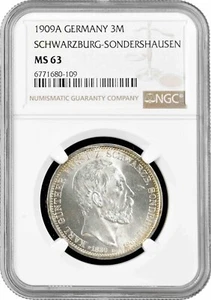 Schwarzburg-Sondershausen 3 marcos 1909, NGC MS63, "Muerte de Charles Gonthier" - Imagen 1 de 2