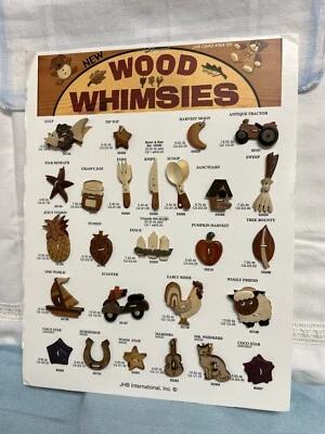 JHB WOOD WHIMSIES SALESMAN SAMPLE BUTTON CARD Fruit Animals Utensils Transport - Image 1 of 4