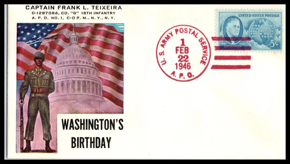 1946 Patriotic Cover WWII Washington's Birthday with Teixeira cachet (14 - Image 1 of 1
