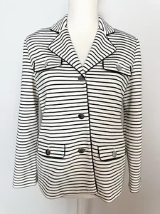 Chicos Petites Women Button Front Jacket Top Size 0P White Black Striped Pockets - Picture 1 of 14