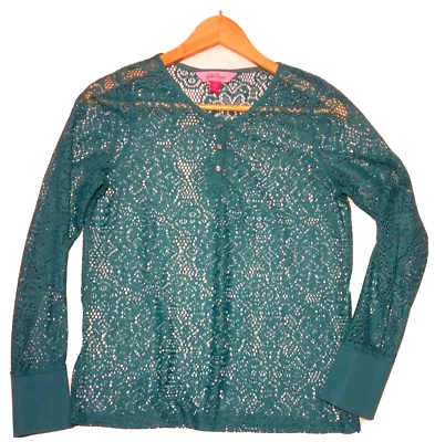 Pink Sugar Over Shirt Floral Woven Knit Top Girls Size 16 Long Sleeve Green  - Image 1 of 4