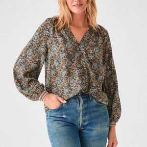 Blusa Campesina Boho Faherty Naomi Top XL Fairfield Estampado Borde Dorado Floral - Imagen 1 de 8