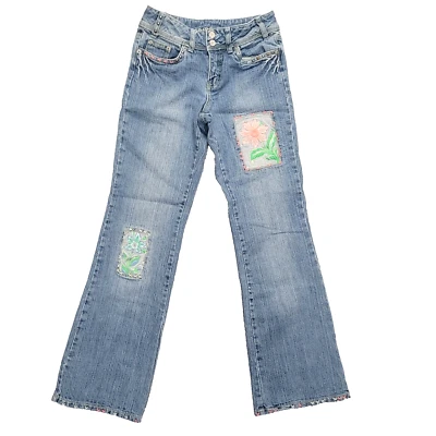Limited Too Boy Fit Flare Girls Jeans Size 14 Slim Pink Flower Patches Vintage  - Image 1 of 4