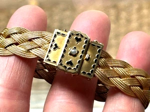 Antique Victorian 14K GF Woven Mesh Bracelet Black Inlay Seed Pearl 6 1/8" - Picture 1 of 8