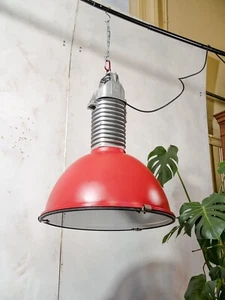 Vintage Philips Industrial 1950s Factory Pendant Light Aluminum Gray & Red shade - Picture 1 of 14