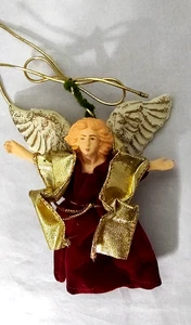 Vintage Angel With Red Velvet Dress Christmas Ornament Extra Gold For Attachment - Picture 1 of 3