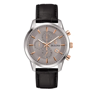 Bulova Watch Sutton Chronograph Gray Dial Leather Strap 41mm 98B409 - Picture 1 of 3