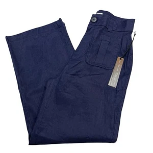 Pantaloni Nicole Miller donna 6 blu navy misto lino gamba larga pantaloni nautici - Foto 1 di 10