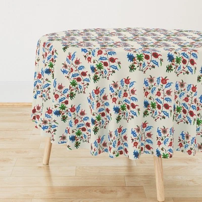 Mughal Blue Green Indian Printed Round Table Cover, Round Table Cloth - Image 1 of 4