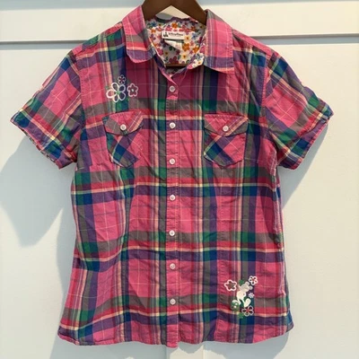 Camisa de Mickey Mouse de los Parques Disney para Mujer Grande Rosa Bordada a Cuadros Manga Corta Foto 1 de 4