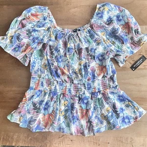 NWT Zac & Rachel Off Shoulder Top Ruched Sleeve Scoop Neck Floral Boho Size XL - Picture 1 of 9