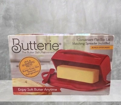 Butterie Flip Top Butter Dish Red w Matching Spreader Keeps Butter Soft NIB - Image 1 of 4