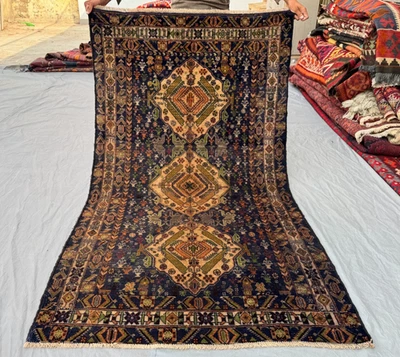 3x6 Striking Afghan Baluchi Rug – Deep Navy & Warm Honey Tones with Tribal Art - Image 1 of 4