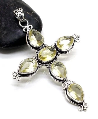 Colgante Cruz Joyería Hecha a Mano Piedras Preciosas Cuarzo Limón Plata de Ley 925 S-3.10 Foto 1 de 4