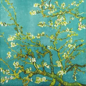 N723# 3 servilletas de papel individuales para decoupage Van Gogh flor de almendras sobre azul azulado - Imagen 1 de 6