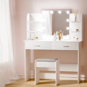 Artiss Dressing Table LED Makeup Mirror Stool Set 10 Bulbs Vanity Desk White - Picture 1 of 8