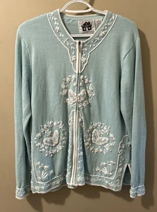 Vintage Storybook Knits Blue Butterfly Crochet Seguin Cardigan Sweater M - Picture 1 of 8