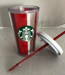2018 Starbucks Holiday Striped Double Wall Plastic 16oz Tumbler w/Straw NEW - Picture 1 of 3