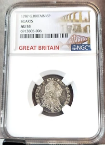 1787 GREAT BRITAIN 6 PENCE 6P KING GEORGE III WITH HEARTS NGC AU 53 RARE BEAUTY - Picture 1 of 3