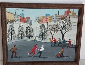 Vintage Ice Skating Painting Midcentury City Background signed Fun Colorful - Picture 1 of 9