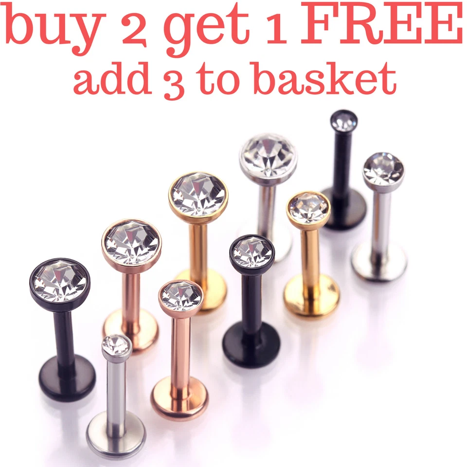 CZ Labret Monroe Tragus Bar Helix Cartilage Lip Ear Stud Ring Gem Piercing - Image 1 of 4