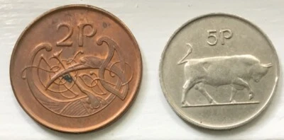 2 Pre Euro Coins Ireland | 1990 2 Pence | 1980 5 Pence Charging Bull | READ - Image 1 of 4