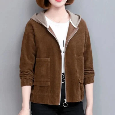 Women Corduroy Hooded Jacket Short Coat Tops Shirt Zipper Cardigan Outerwear - Image 1 of 4
