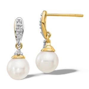 14K Solid Yellow Gold 6mm White Round Freshwater Cultured Pearl Diamond Dangl... - Picture 1 of 11