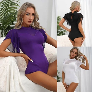 Women's Modern Dance Bodysuit Top Ruffle Butterfly Sleeve Leotard Rumba Jumpsuit - Picture 1 of 51