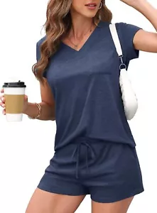 Pajama Sets for Women 2 Piece Summer Lounge Wear Short Sleeve Casual V Neck P... - Picture 1 of 7