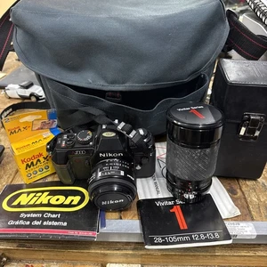 Nikon N2000 MF 35mm SLR Black Film Camera 50mm 28-105mm Vivid Lens Set Vintage - Picture 1 of 15