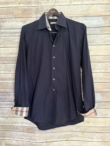 BURBERRY Shirt Men’s Medium M Navy Blue Plaid Collar & Cuffs Embroidered Logo - Picture 1 of 7