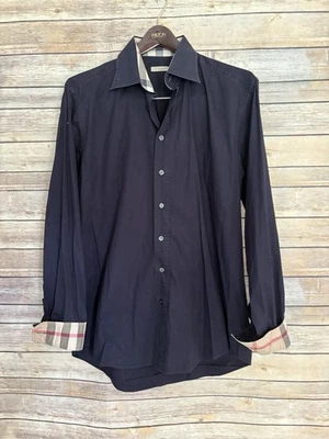 BURBERRY Shirt Men’s Medium M Navy Blue Plaid Collar & Cuffs Embroidered Logo - Image 1 of 4