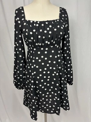 Новый ASOS длинный Puff рукав платье черный белый горошек квадратный вырез Sz 4 кокетка - Изображение 1 из 4