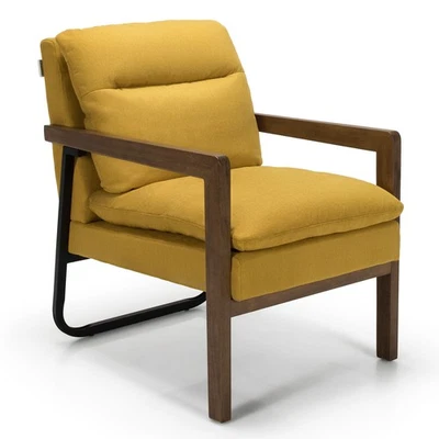 Modern Accent Armchair Lounge Chair w/ Rubber Wood Legs & Steel Bracket Yellow - Image 1 of 4