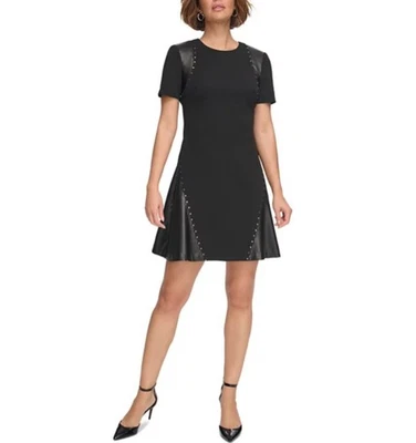DKNY Women's Studded Mixed-Media Fit & Flare Mini Dress Black Petite Size 4P - Image 1 of 4