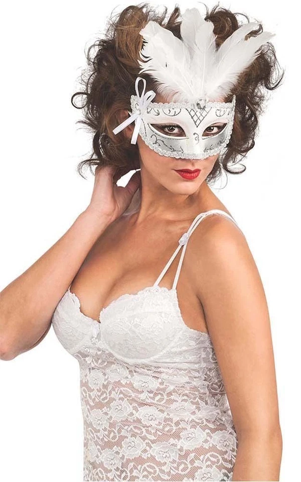 WHITE FEATHERED CARNIVAL EYE MASK MASQUERADE HALLOWEEN COSTUME ACCESSORY - Image 1 of 2