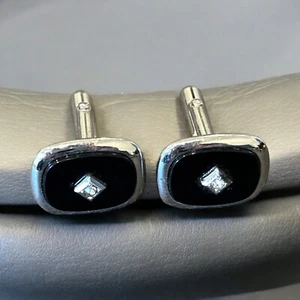 Vintage Bright Silver Tone Black Rhinestone CUFFLINKS - Picture 1 of 3