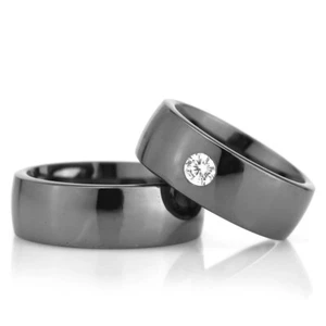 925 silver wedding rings black cubic zirconia 1 pair high gloss rhodium plated - Picture 1 of 1