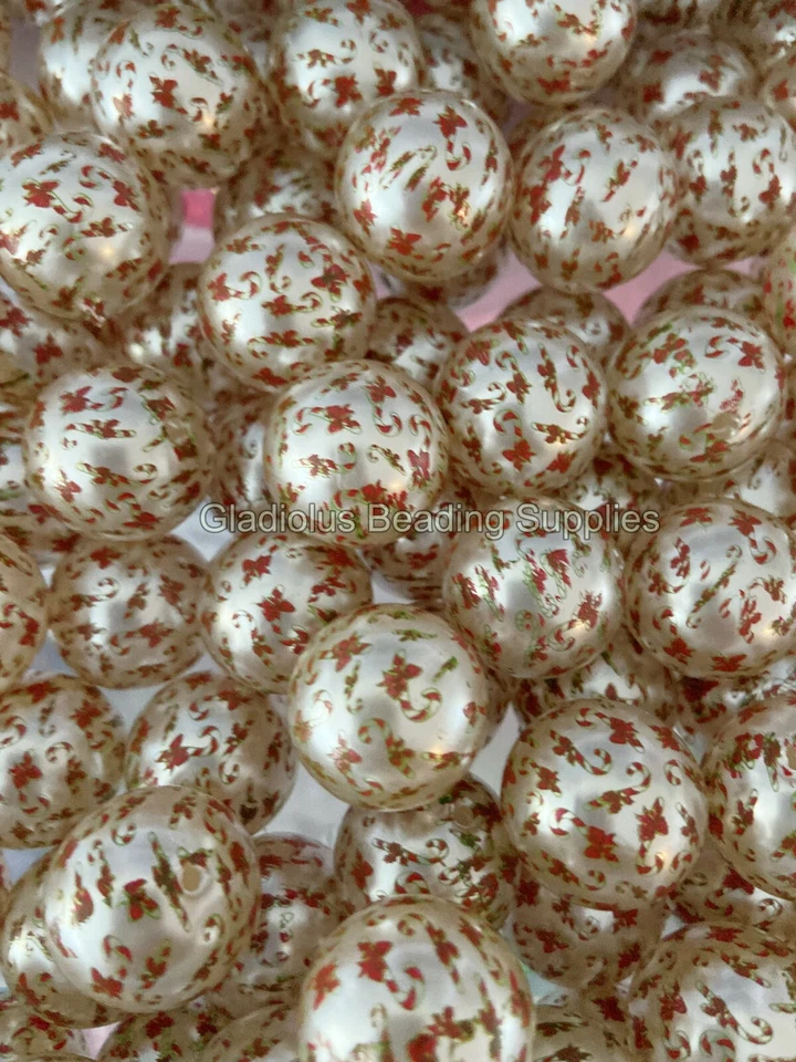 10 Pcs 20mm Shiny Christmas Print Acrylic Beads, Bubblegum Beads, Chunky Beads - Image 1 of 1