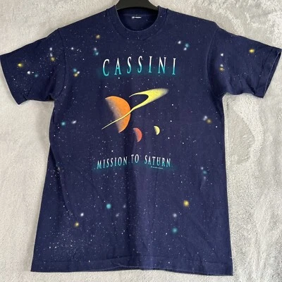 Vintage 90s NASA Cassini Mission to Saturn Blue Splattered  T-shirt Sz M Flaw - Image 1 of 4