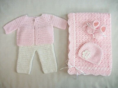 Crochet Baby Set - Blanket Sweater Pants Hat Booties 0-3m Handmade Shower Gift  - Image 1 of 4