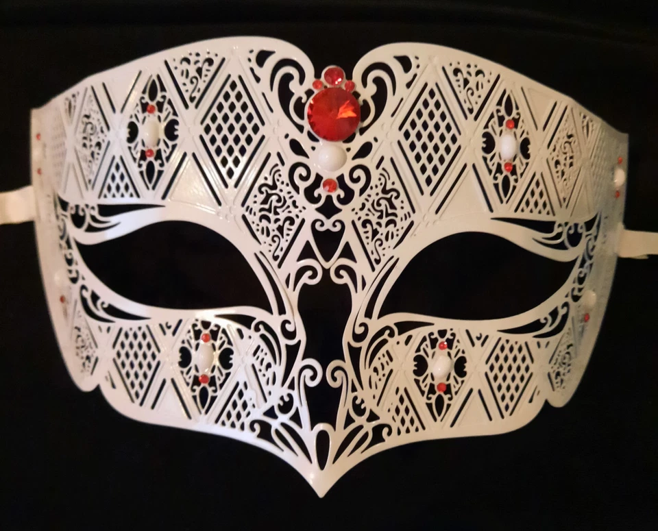 White Red Men Laser Cut Diamond Design Masquerade Metal Mask - Image 1 of 3