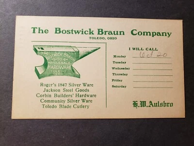 BOSTWICK BRAUN Co HARDWARE 1913 Ad Postal Card HILLSDALE to BURR OAK, Michigan - Image 1 of 2
