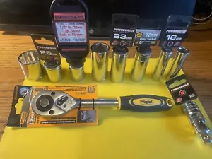 ALLTRADE BRAND 1/2”DRIVE METRIC NIP 9 PIECE SOCKETS 15-35mm+WAGTAIL RATCHET L71 - Picture 1 of 9