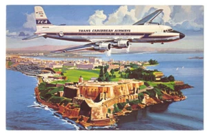 TRANS CARIBBEAN AIRWAYS DC-6B Over El Morro Castle PUERTO RICO ca1950s - Picture 1 of 2