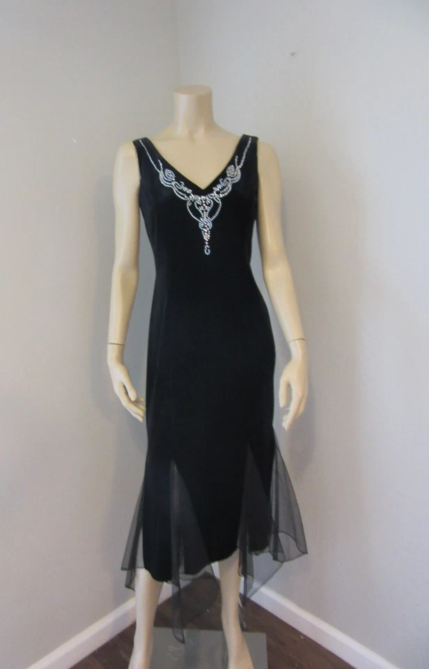 SHERI MARTIN Black Velvet Handkerchief Hem 4P Midi Beaded Sleeveless Dress BR46 - Image 1 of 4