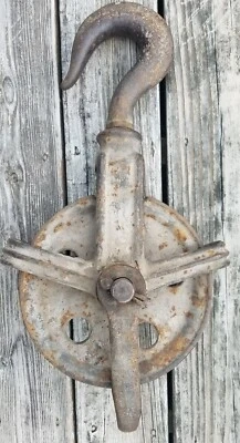 ¡GRANDE! Polea y gancho de acero industrial vintage, herramienta de aparejo industrial de fábrica  Foto 1 de 4