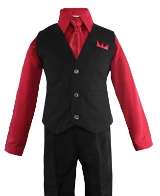 Toddler Boys 4 Piece Suit Set, Solid Black Vest and Pants w/ Colored Shirt 2T-14 - Image 1 of 4