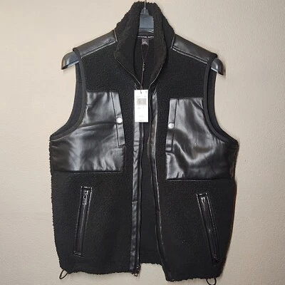 $228... Chaleco Michael Kors talla Sherpa cremallera completa negro polar/parche de cuero pequeño Foto 1 de 4